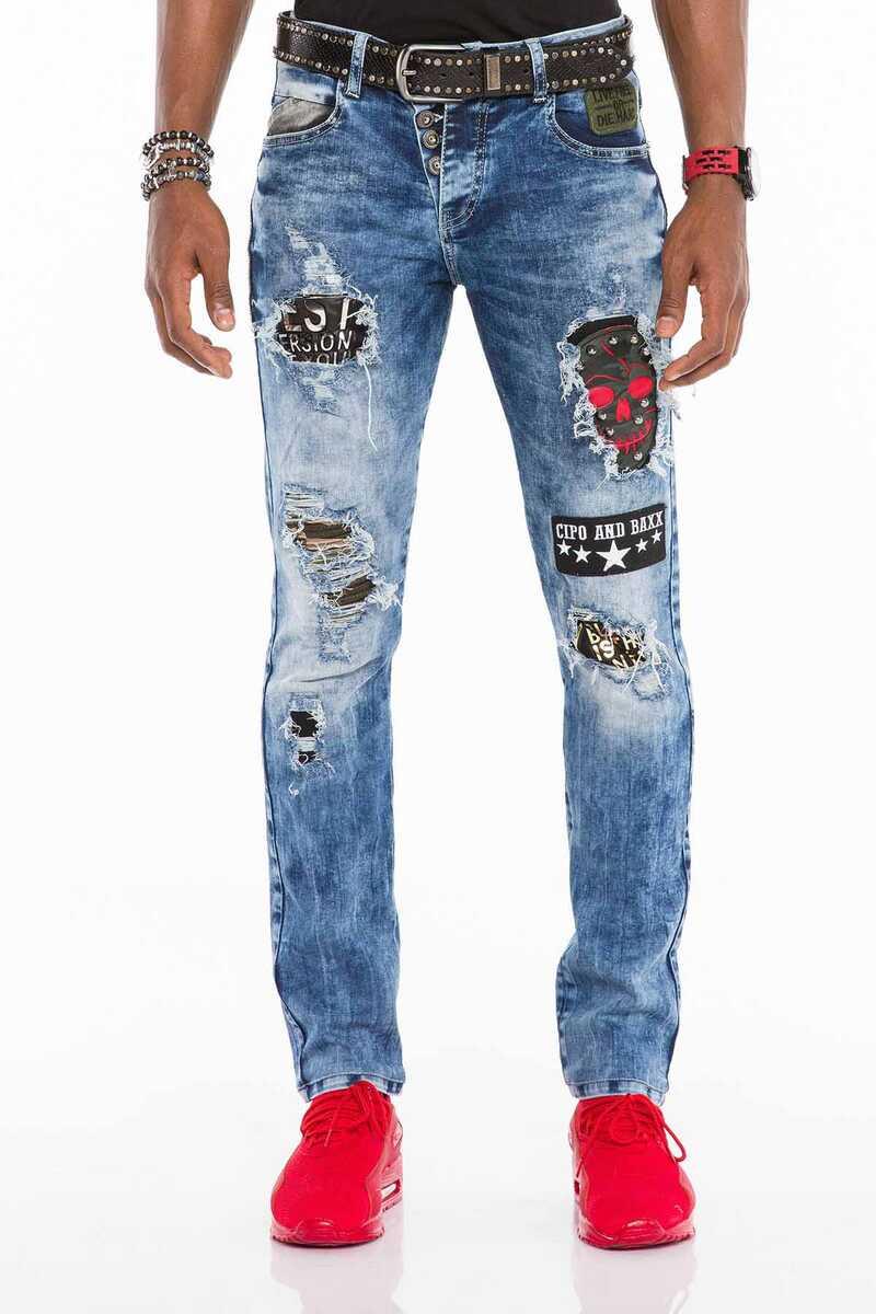 CD408 Erkek Rock Star Kuru Kafa Yamalı Yırtık Jean Pantolon