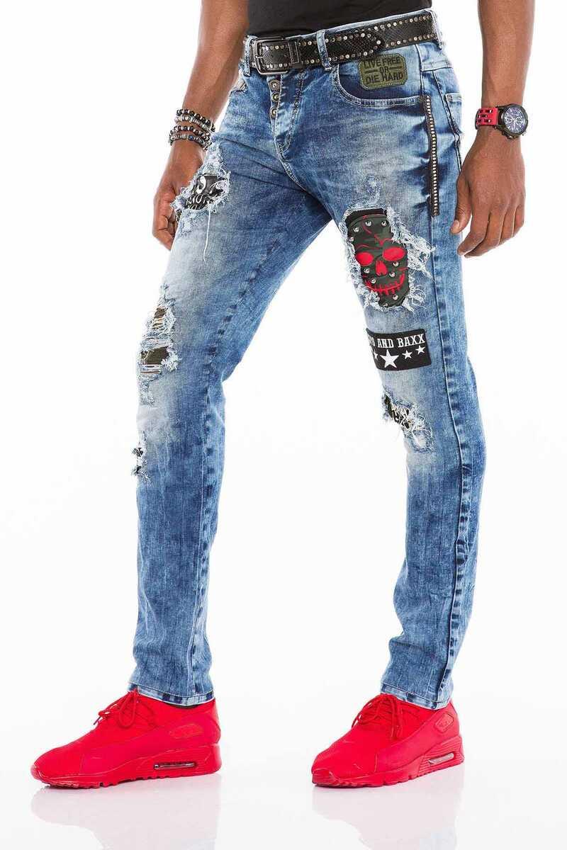 CD408 Erkek Rock Star Kuru Kafa Yamalı Yırtık Jean Pantolon