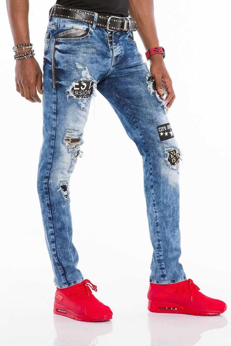 CD408 Erkek Rock Star Kuru Kafa Yamalı Yırtık Jean Pantolon