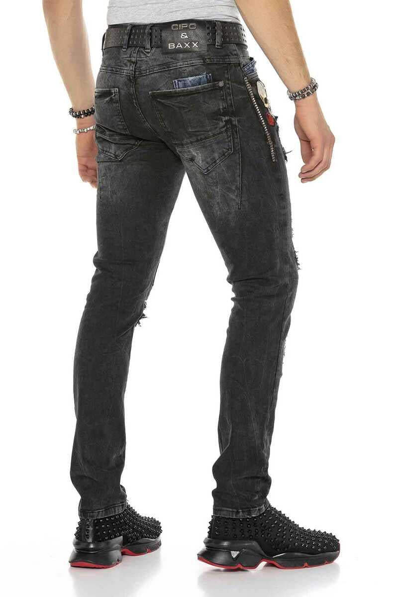 CD408 Erkek Rock Star Kuru Kafa Yamalı Yırtık Jean Pantolon