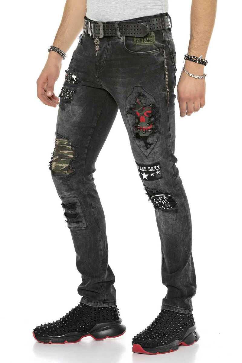 CD408 Erkek Rock Star Kuru Kafa Yamalı Yırtık Jean Pantolon