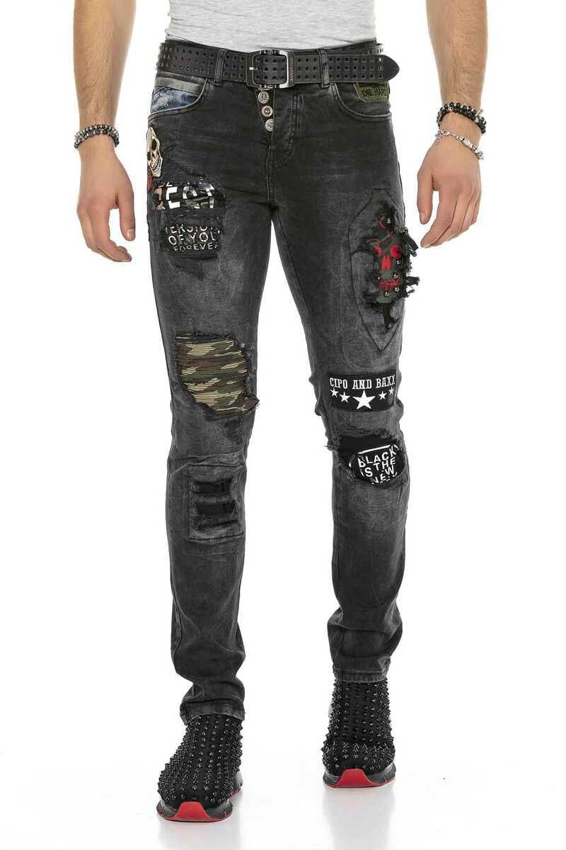 CD408 Erkek Rock Star Kuru Kafa Yamalı Yırtık Jean Pantolon