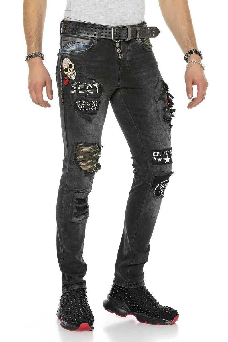 CD408 Erkek Rock Star Kuru Kafa Yamalı Yırtık Jean Pantolon