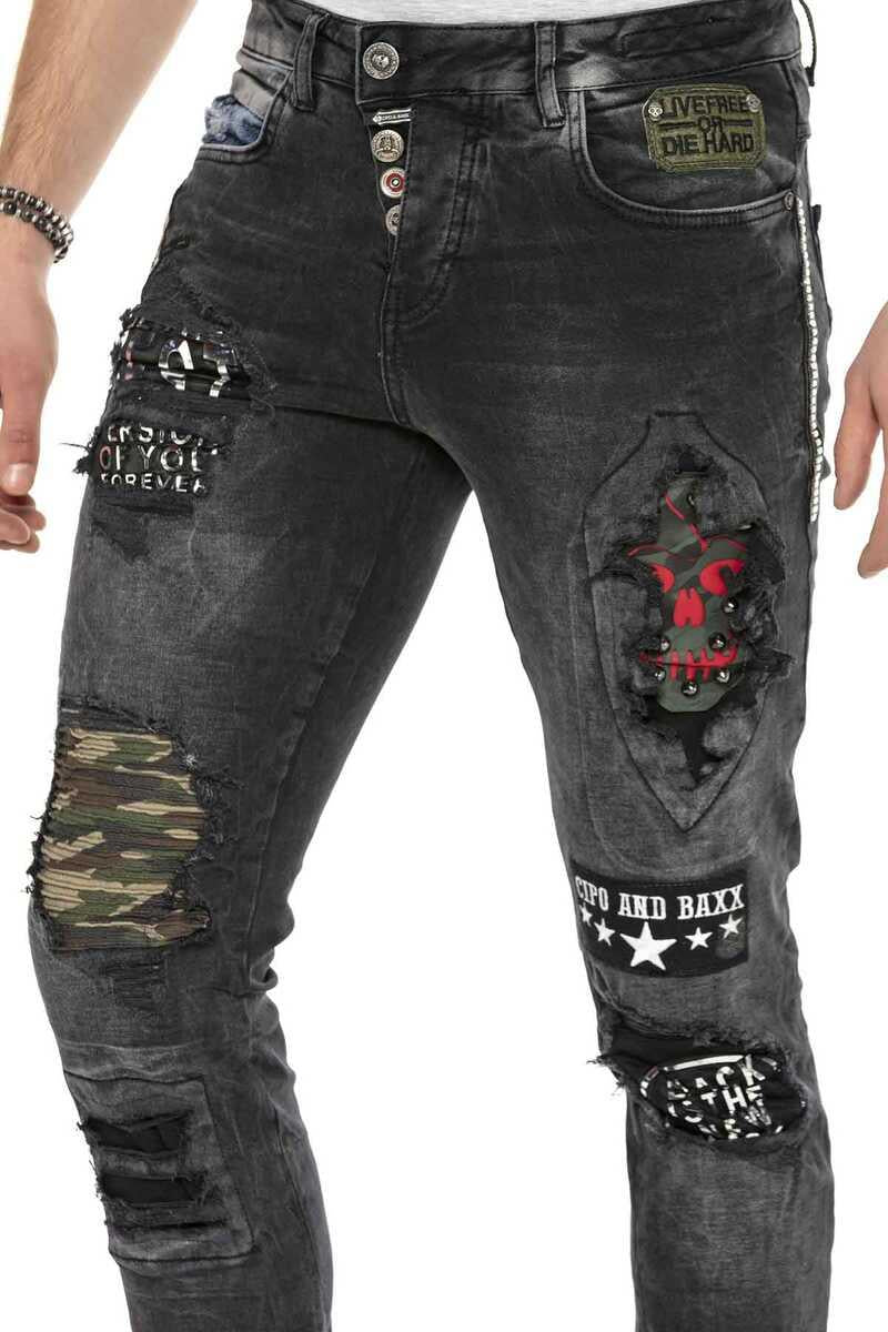 CD408 Erkek Rock Star Kuru Kafa Yamalı Yırtık Jean Pantolon