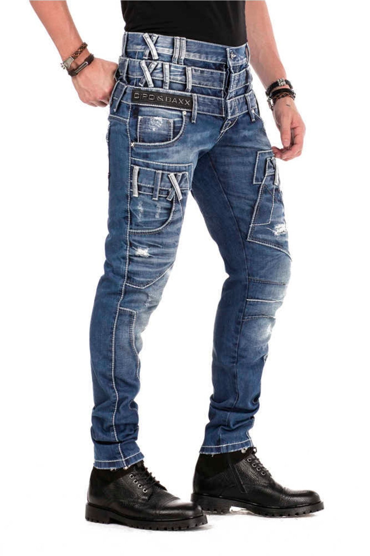 CD466 Üç Katlı Kemer Slim Fit Eskitilmiş Erkek Jean Pantolon