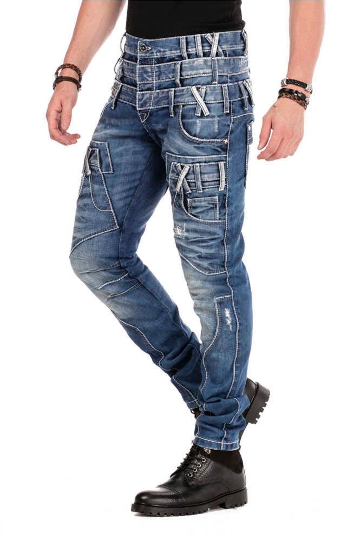 CD466 Üç Katlı Kemer Slim Fit Eskitilmiş Erkek Jean Pantolon