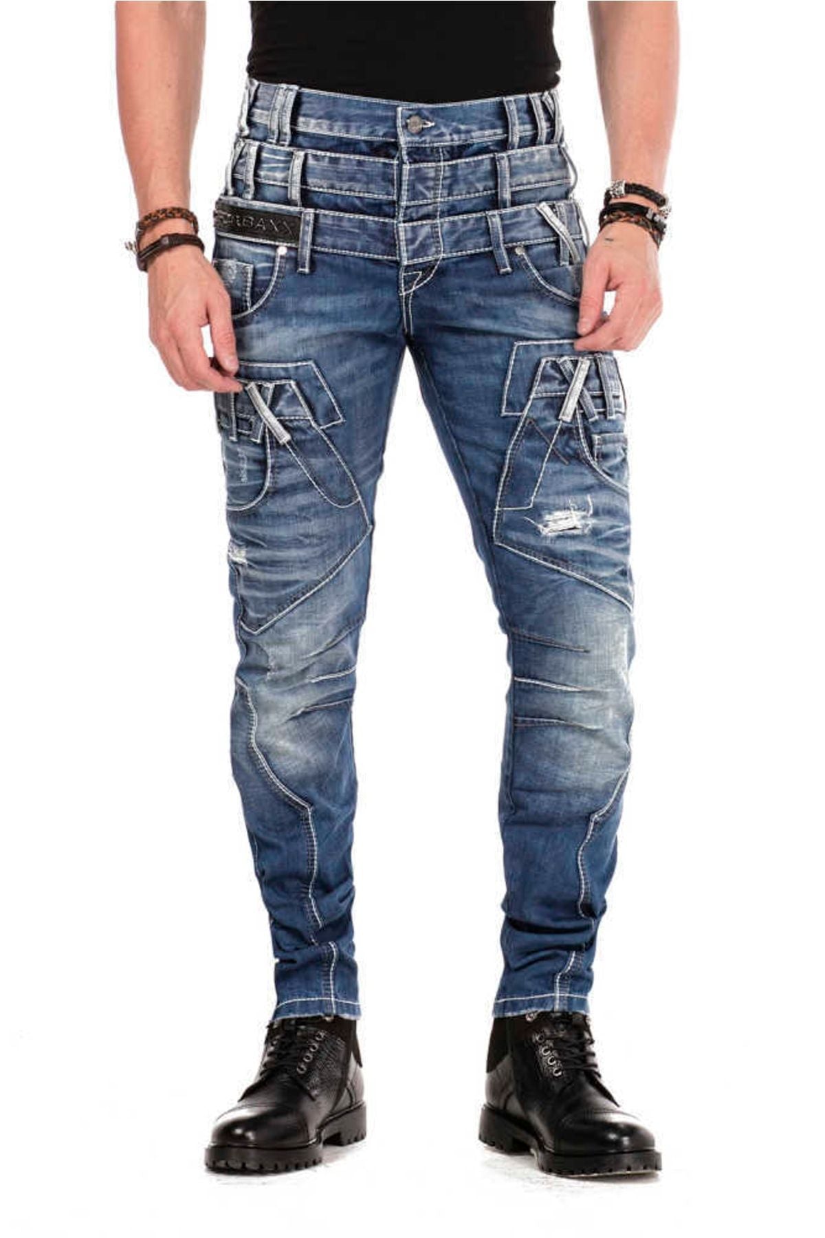 CD466 Üç Katlı Kemer Slim Fit Eskitilmiş Erkek Jean Pantolon