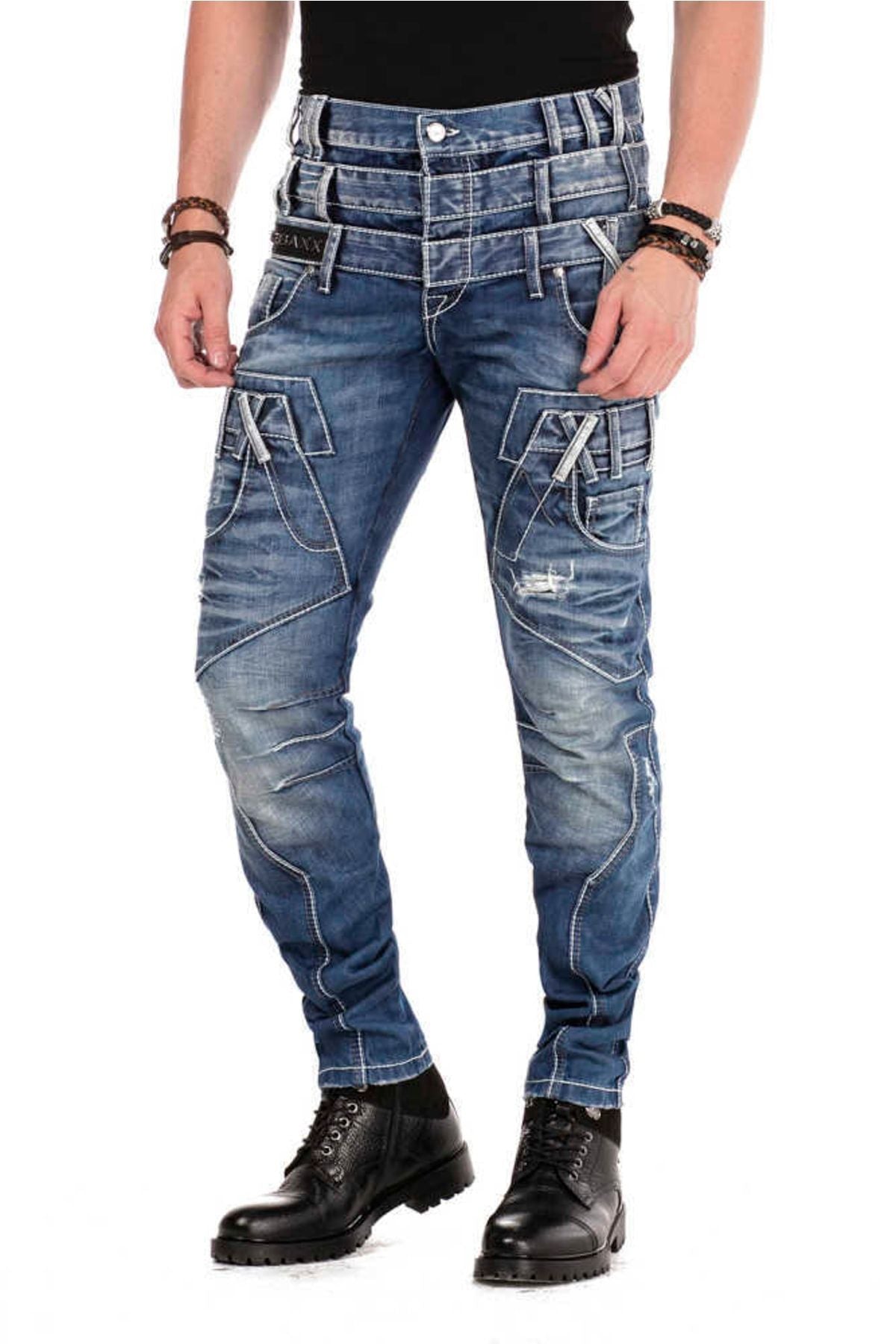 CD466 Üç Katlı Kemer Slim Fit Eskitilmiş Erkek Jean Pantolon