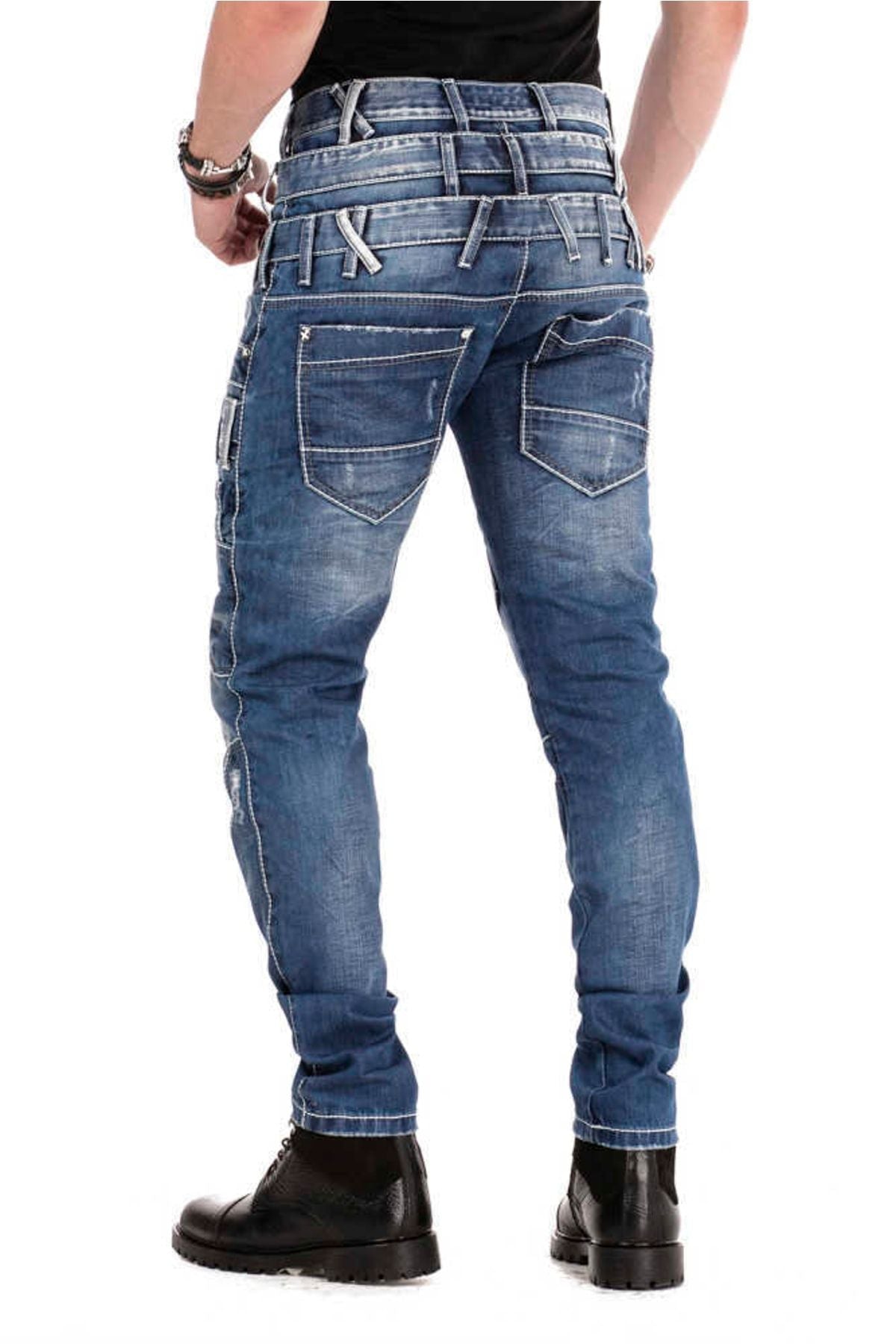 CD466 Üç Katlı Kemer Slim Fit Eskitilmiş Erkek Jean Pantolon