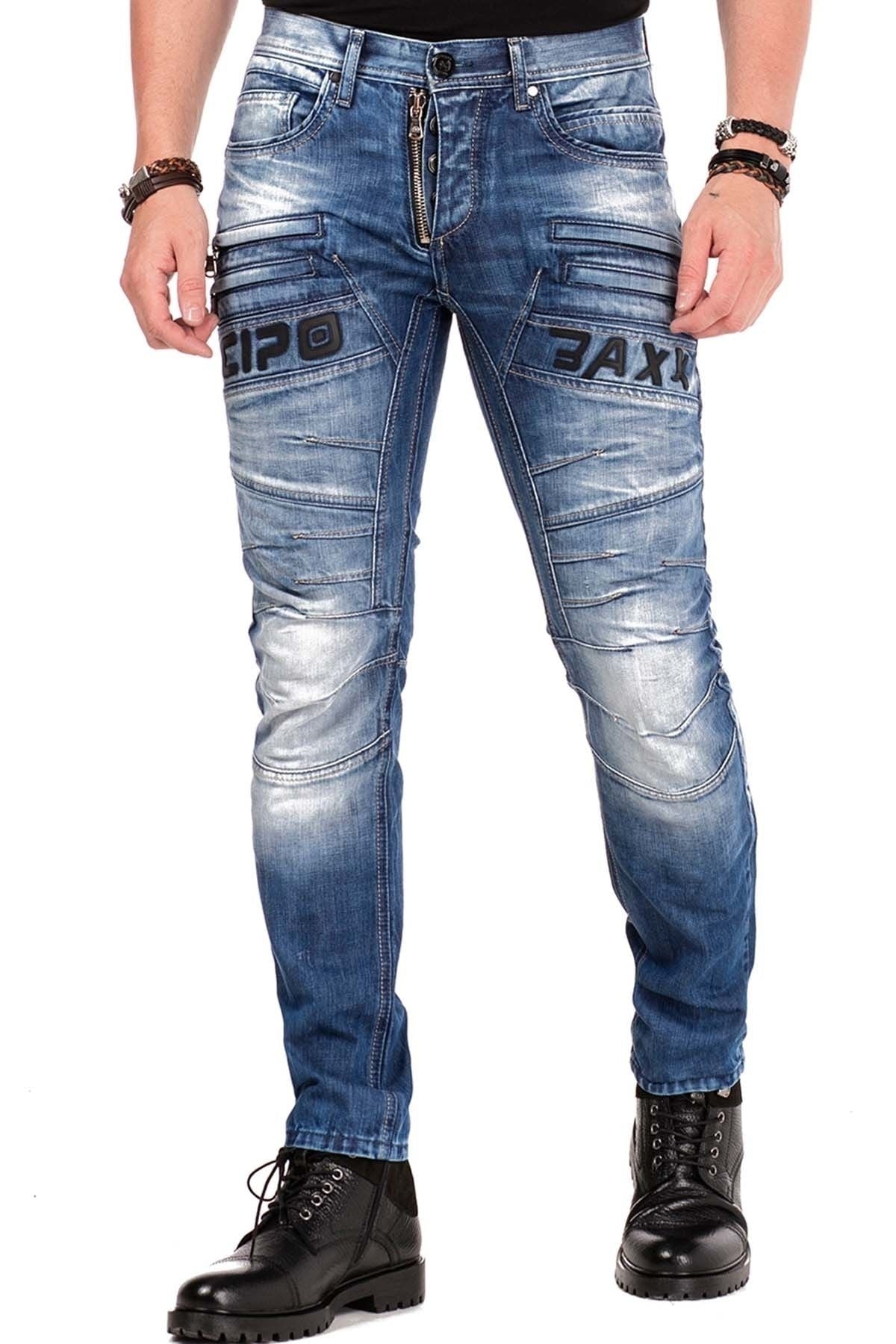 CD491 Dikişli Nakışlı Fermuar Detaylı Erkek Jean Pantolon