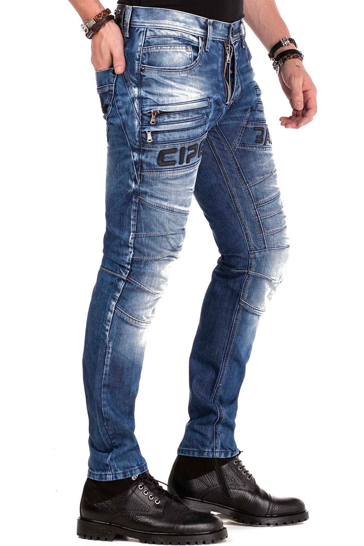 CD491 Dikişli Nakışlı Fermuar Detaylı Erkek Jean Pantolon