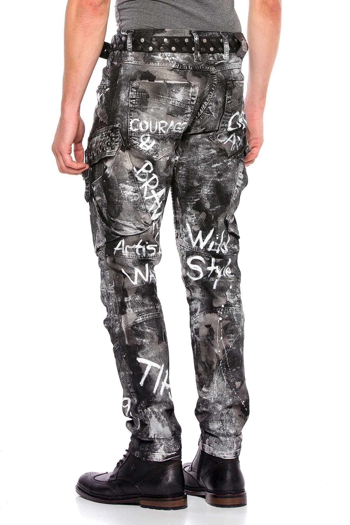 CD572 El Boyaması Simli Kargo Cep Jean Pantolon