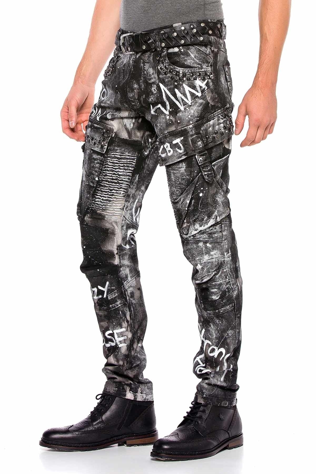 CD572 El Boyaması Simli Kargo Cep Jean Pantolon