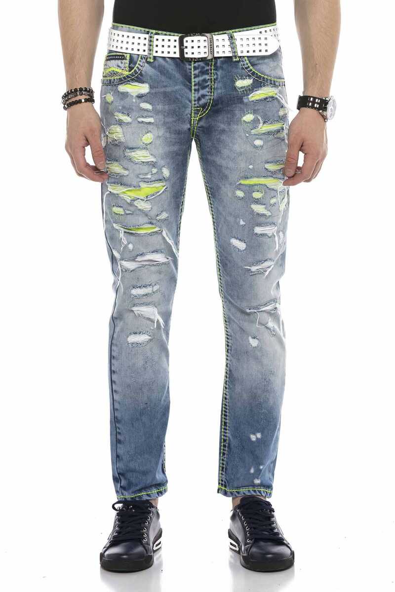 CD605 Neon Yeşil Yırtık Buz Mavisi Erkek Jean Pantolon