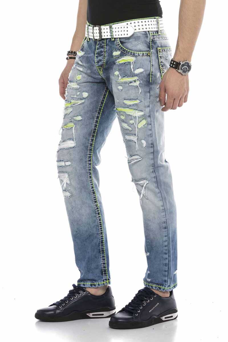 CD605 Neon Yeşil Yırtık Buz Mavisi Erkek Jean Pantolon