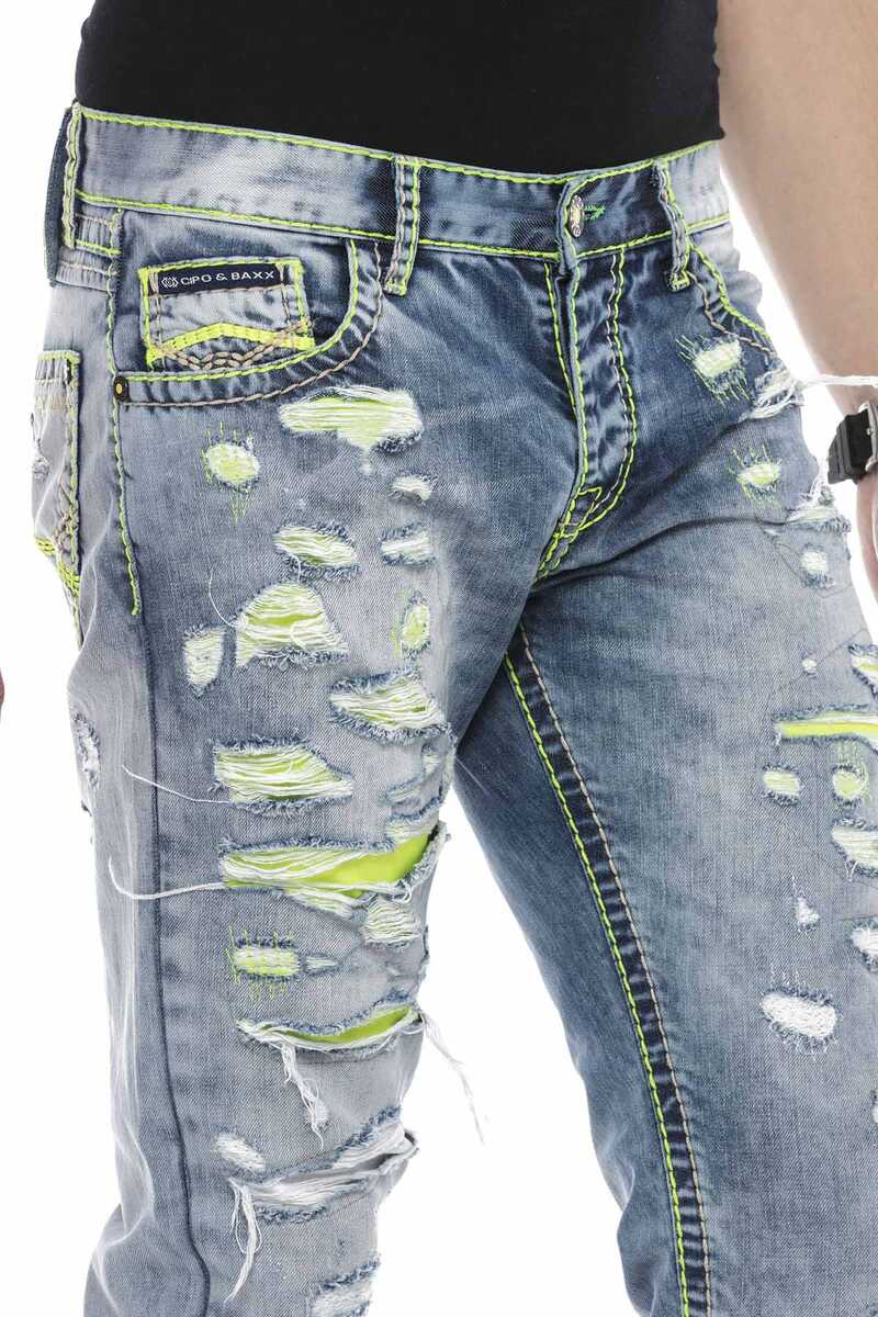 CD605 Neon Yeşil Yırtık Buz Mavisi Erkek Jean Pantolon