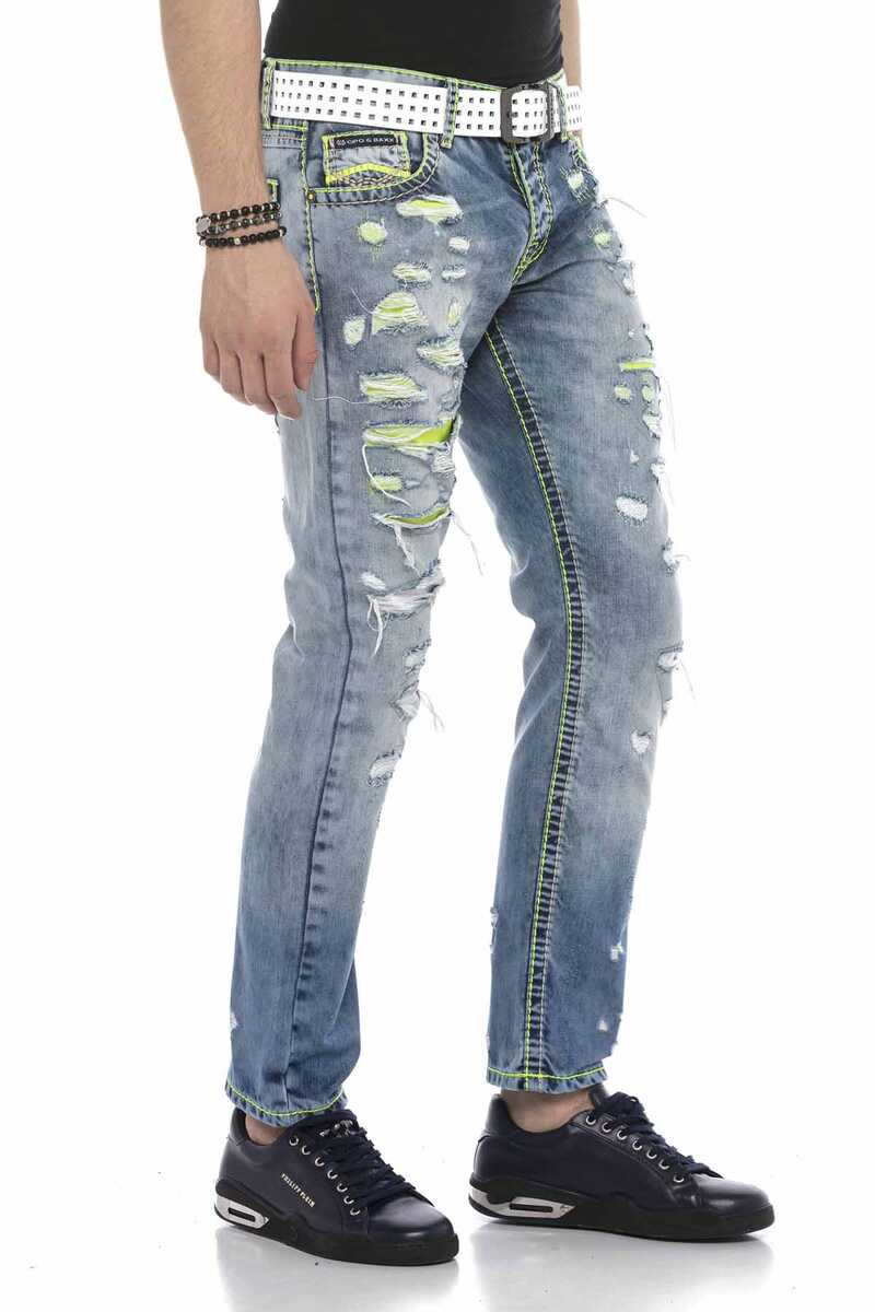 CD605 Neon Yeşil Yırtık Buz Mavisi Erkek Jean Pantolon