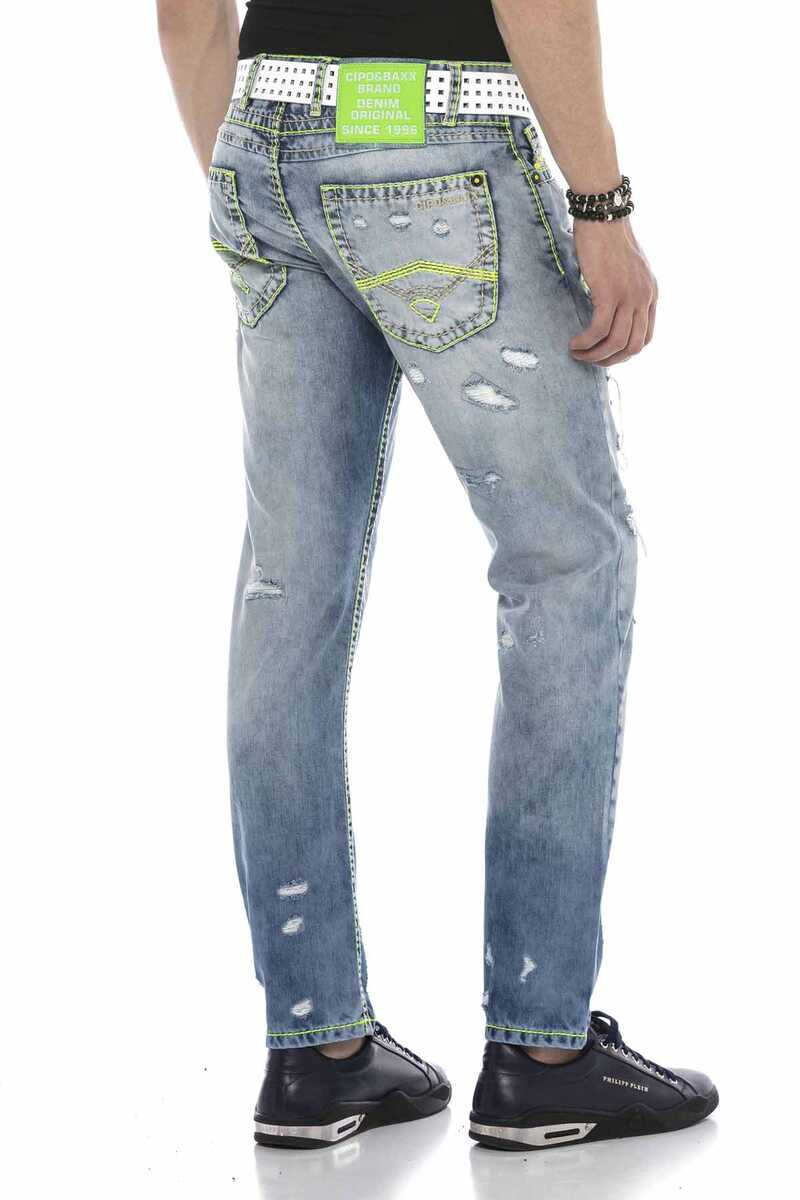 CD605 Neon Yeşil Yırtık Buz Mavisi Erkek Jean Pantolon