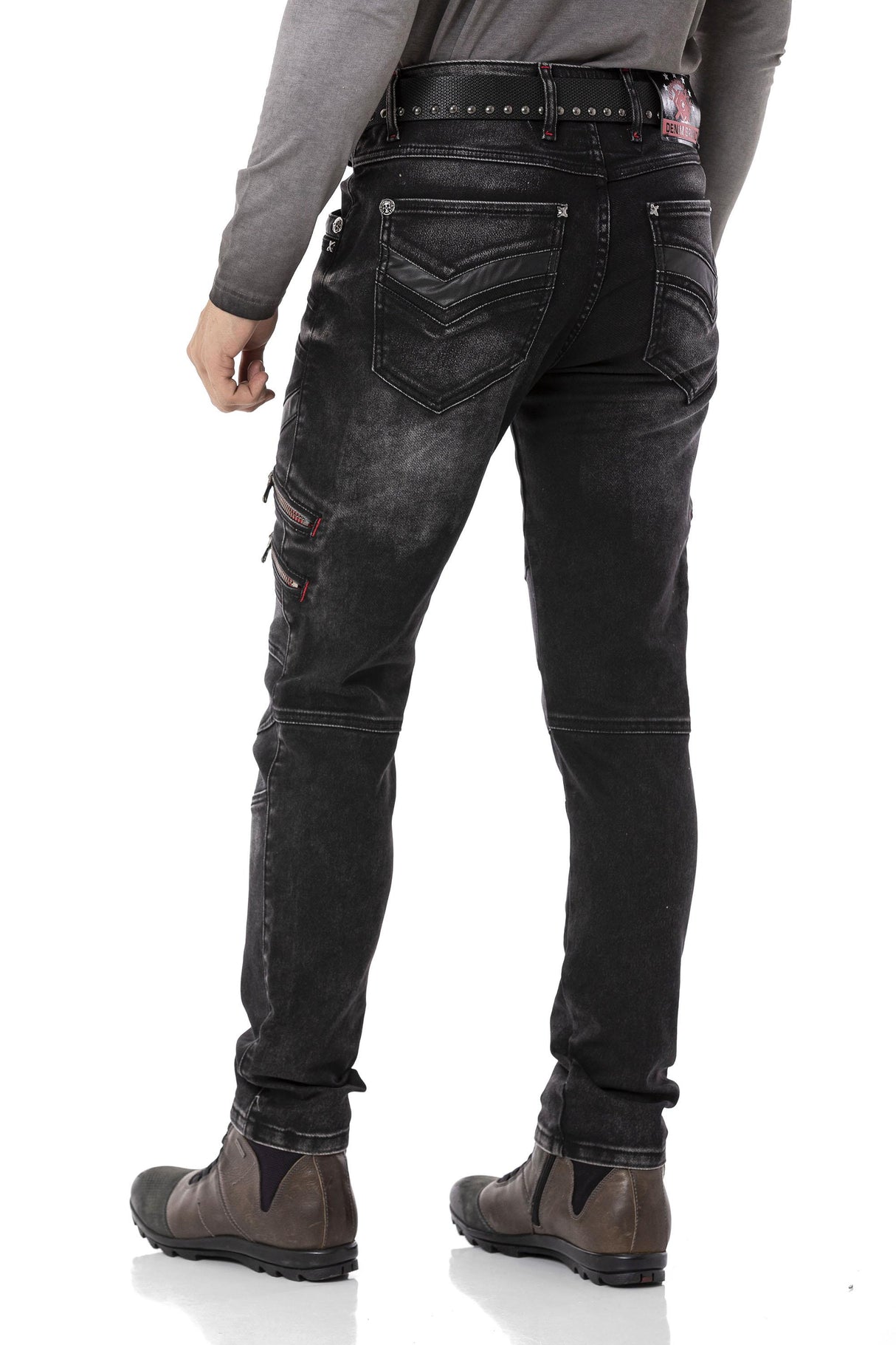 CD795 Biker Tarzda Deri Detaylı Erkek Jean Pantolon