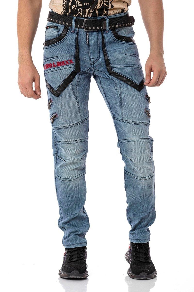 CD795 Biker Tarzda Deri Detaylı Erkek Jean Pantolon