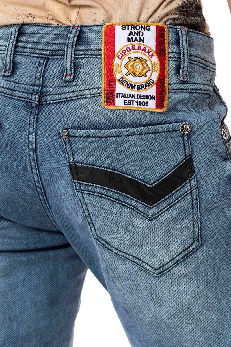 CD795 Biker Tarzda Deri Detaylı Erkek Jean Pantolon