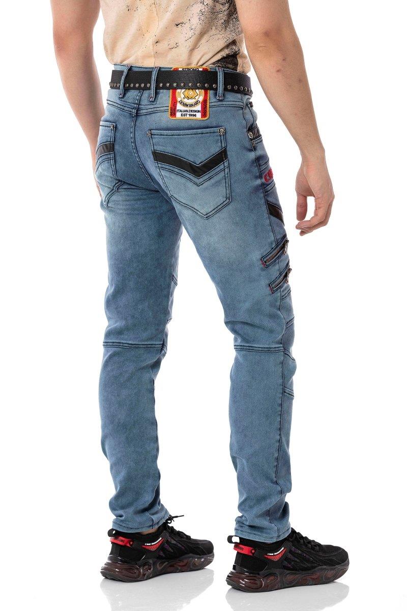 CD795 Biker Tarzda Deri Detaylı Erkek Jean Pantolon