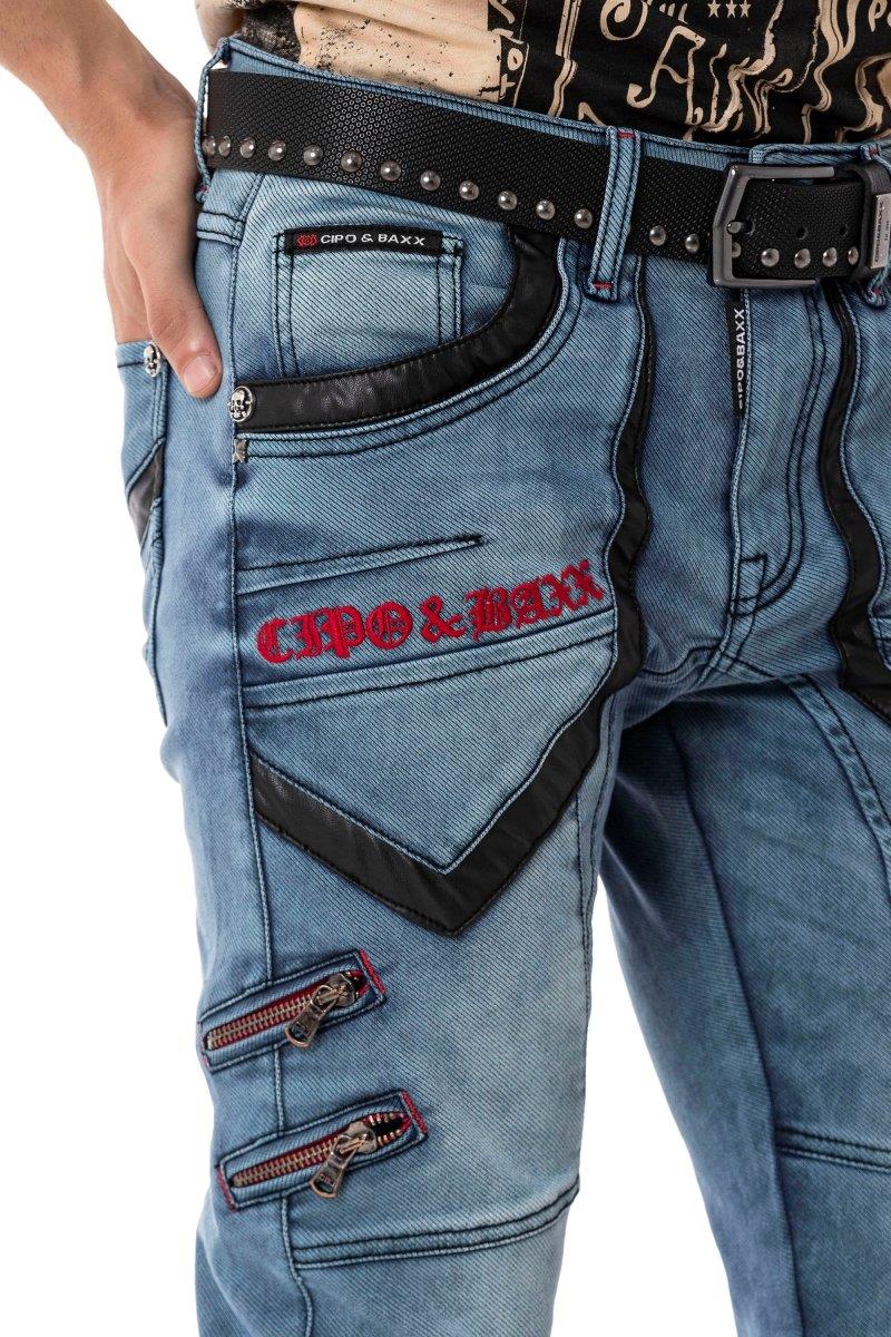 CD795 Biker Tarzda Deri Detaylı Erkek Jean Pantolon