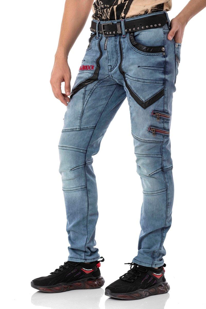 CD795 Biker Tarzda Deri Detaylı Erkek Jean Pantolon