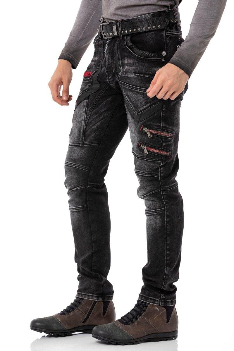 CD795 Biker Tarzda Deri Detaylı Erkek Jean Pantolon