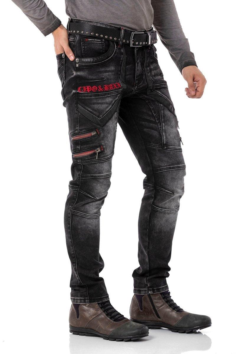 CD795 Biker Tarzda Deri Detaylı Erkek Jean Pantolon