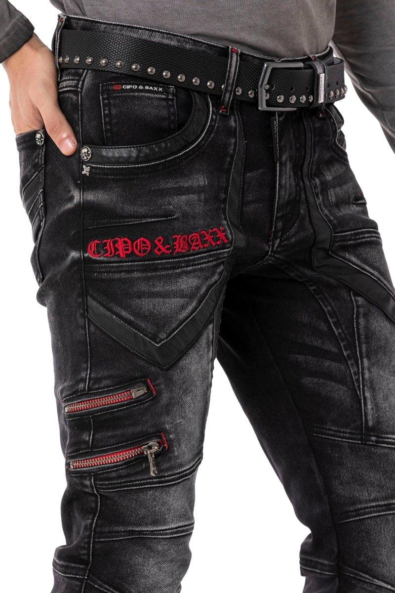 CD795 Biker Tarzda Deri Detaylı Erkek Jean Pantolon
