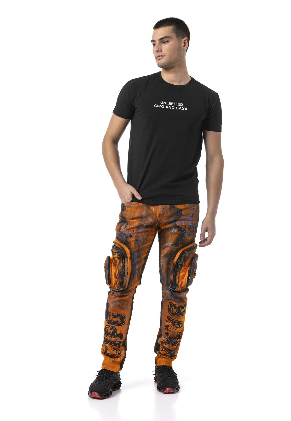 Erkek Straight Fit Turuncu Siyah Kargo Cepli Detaylı Pantolon CD902