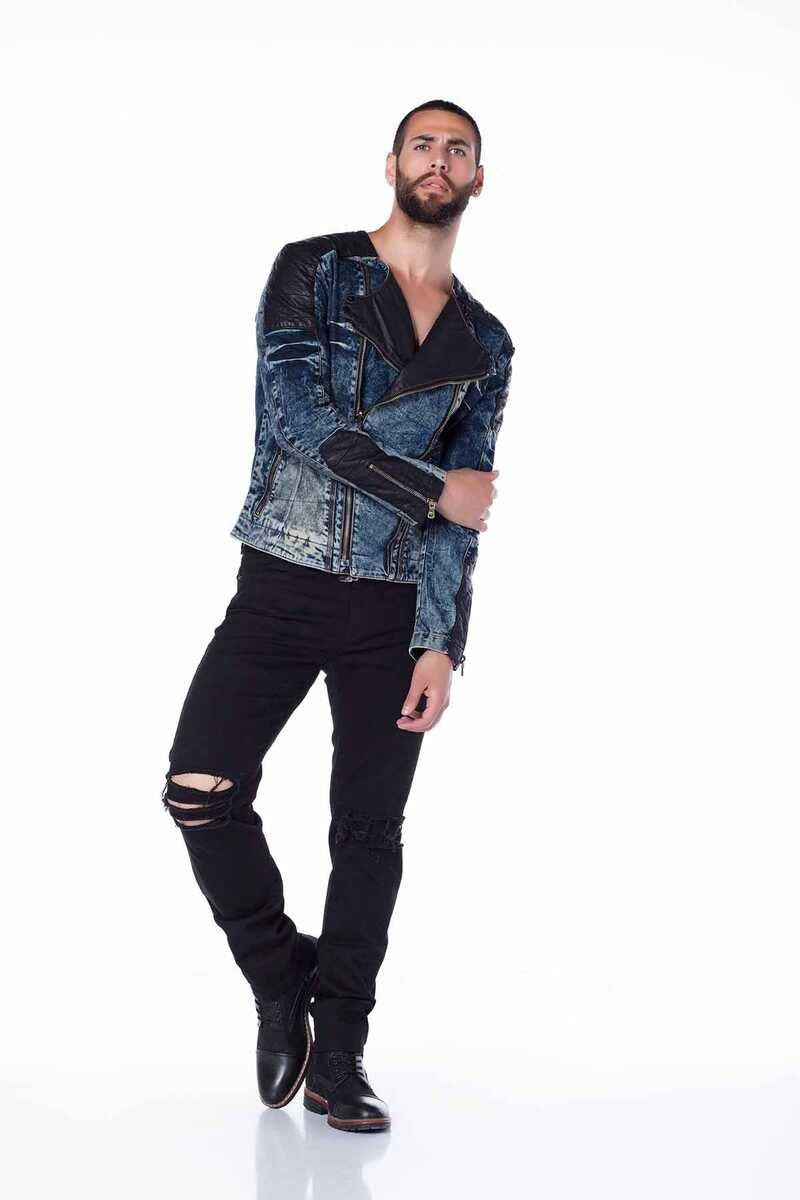 CJ135 Koyu Deri Detaylı Motorcu Stil Erkek Kot Ceket