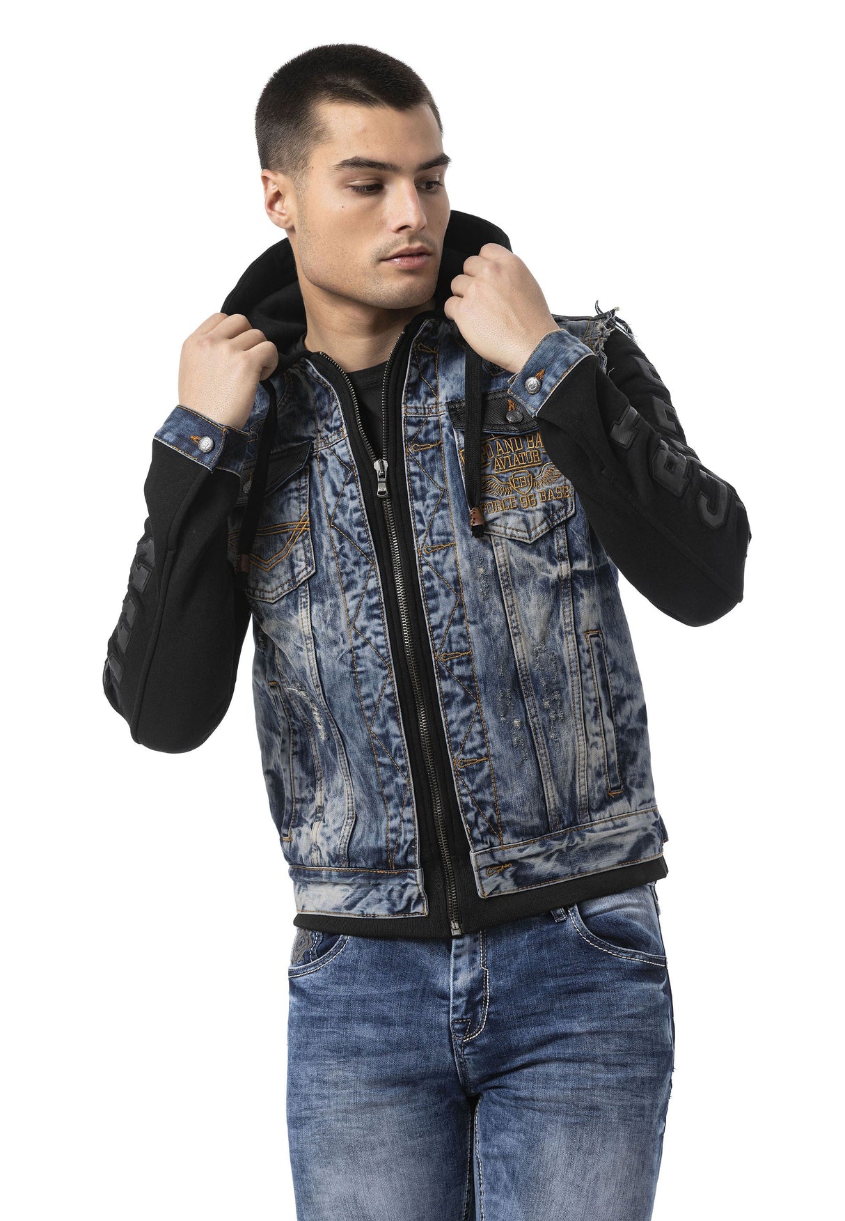 Erkek Kapüşonlu Denim Fermuarlı Sweatshirt Kollu Baskı Detaylı Ceket - CJ309