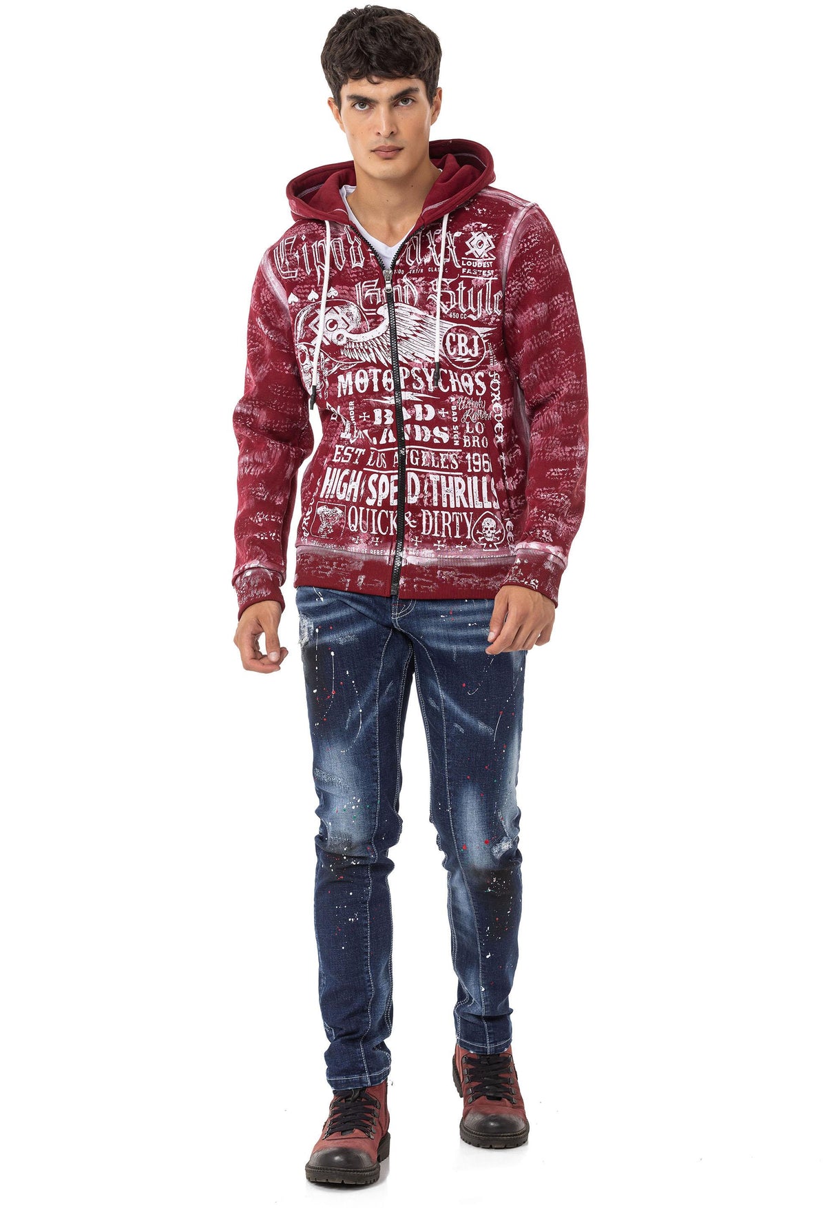 CL544 Motorcu Tarzda Baskılı Erkek Zip Sweatshirt