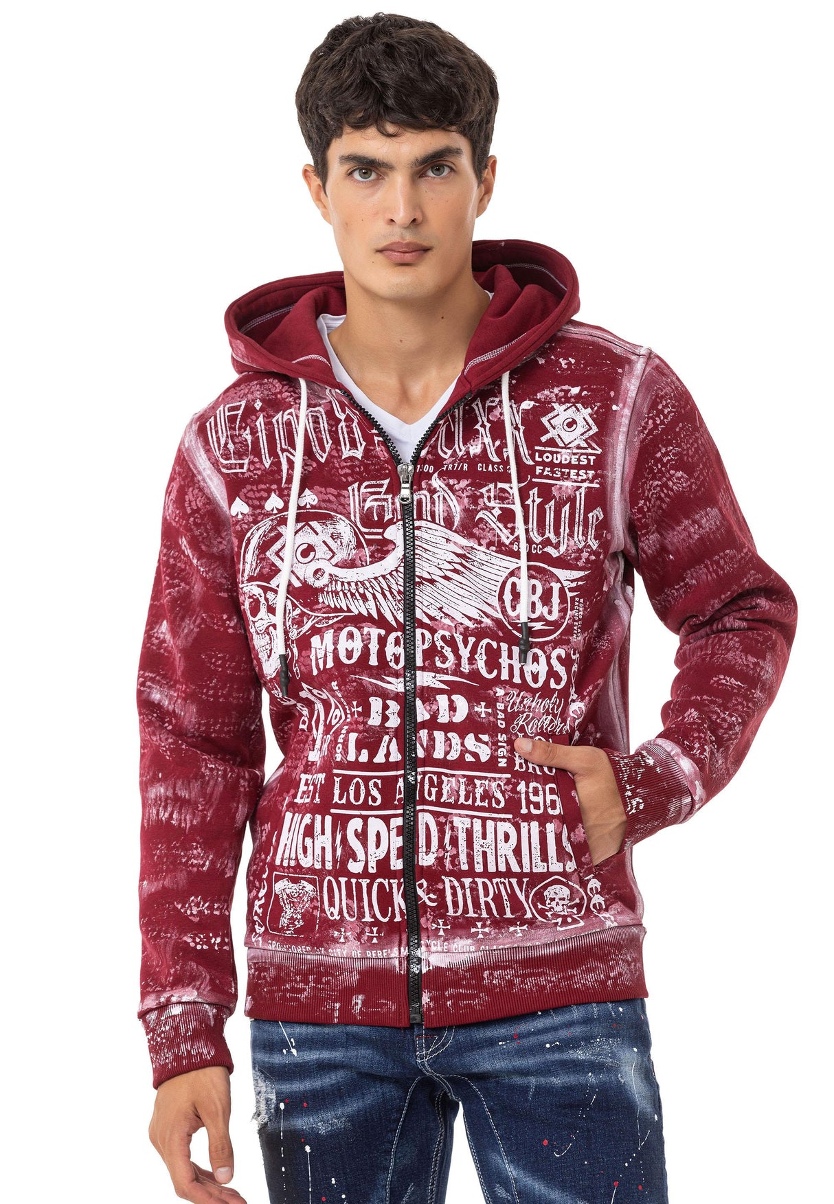 CL544 Motorcu Tarzda Baskılı Erkek Zip Sweatshirt