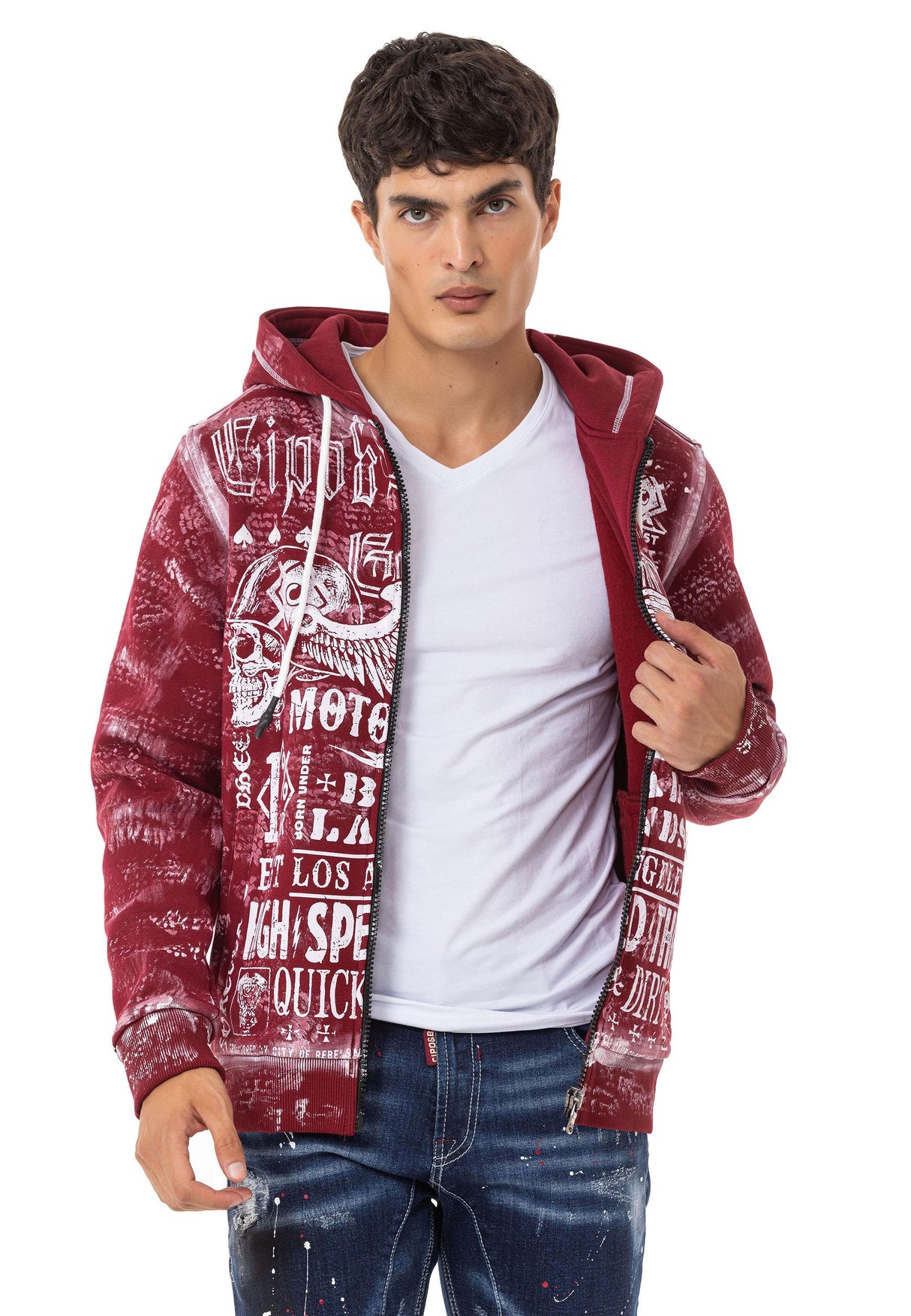 CL544 Motorcu Tarzda Baskılı Erkek Zip Sweatshirt