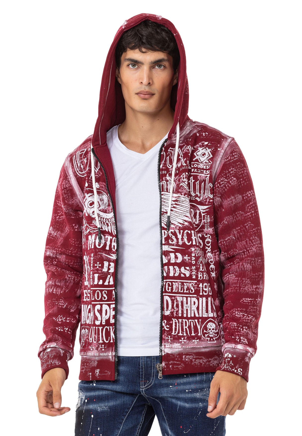 CL544 Motorcu Tarzda Baskılı Erkek Zip Sweatshirt