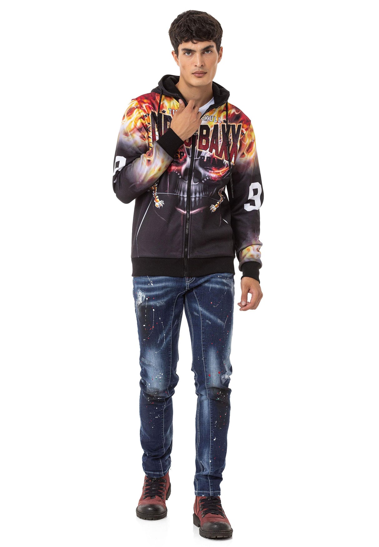 CL546 KuruKafa ve Alev Baskılı Erkek Zip Sweatshirt