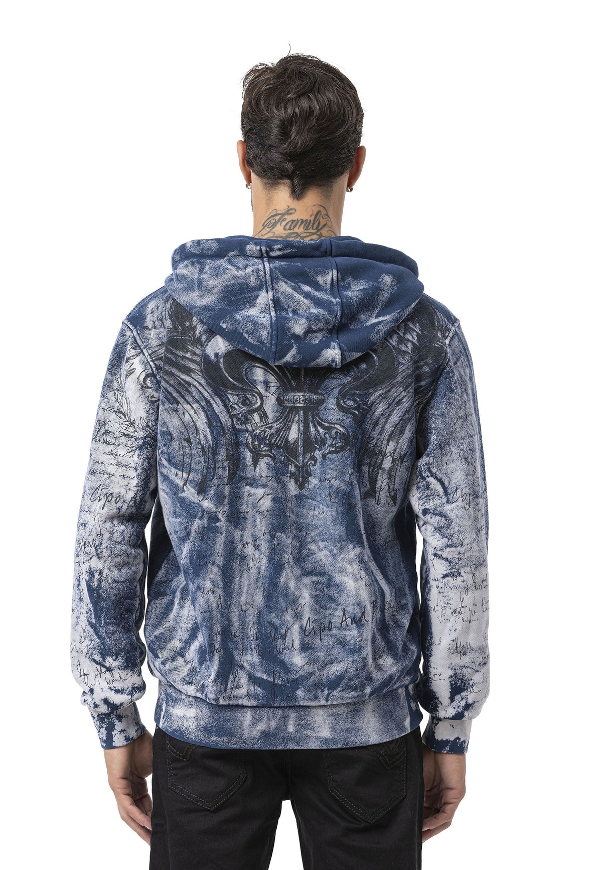Erkek Fermuarlı Kapüşonlu Yıkamalı Desenli Sweatshirt Ceket CL594
