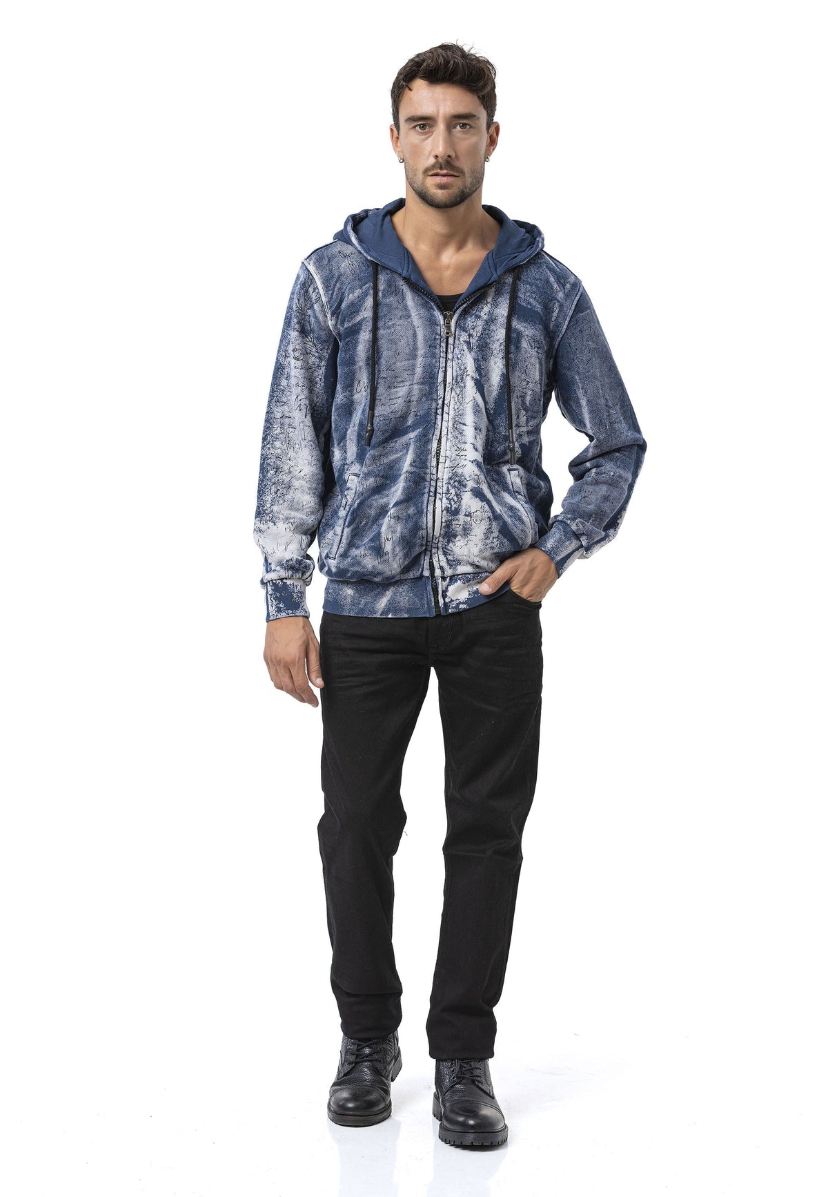 Erkek Fermuarlı Kapüşonlu Yıkamalı Desenli Sweatshirt Ceket CL594