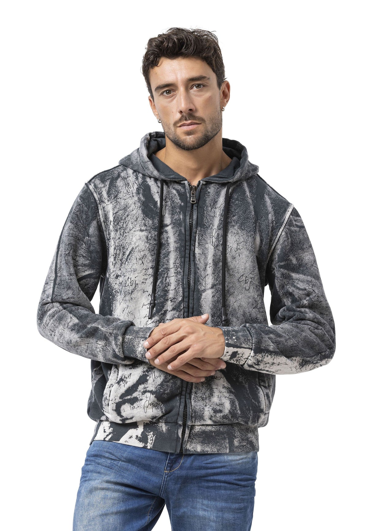 Erkek Fermuarlı Kapüşonlu Yıkamalı Desenli Sweatshirt Ceket CL594