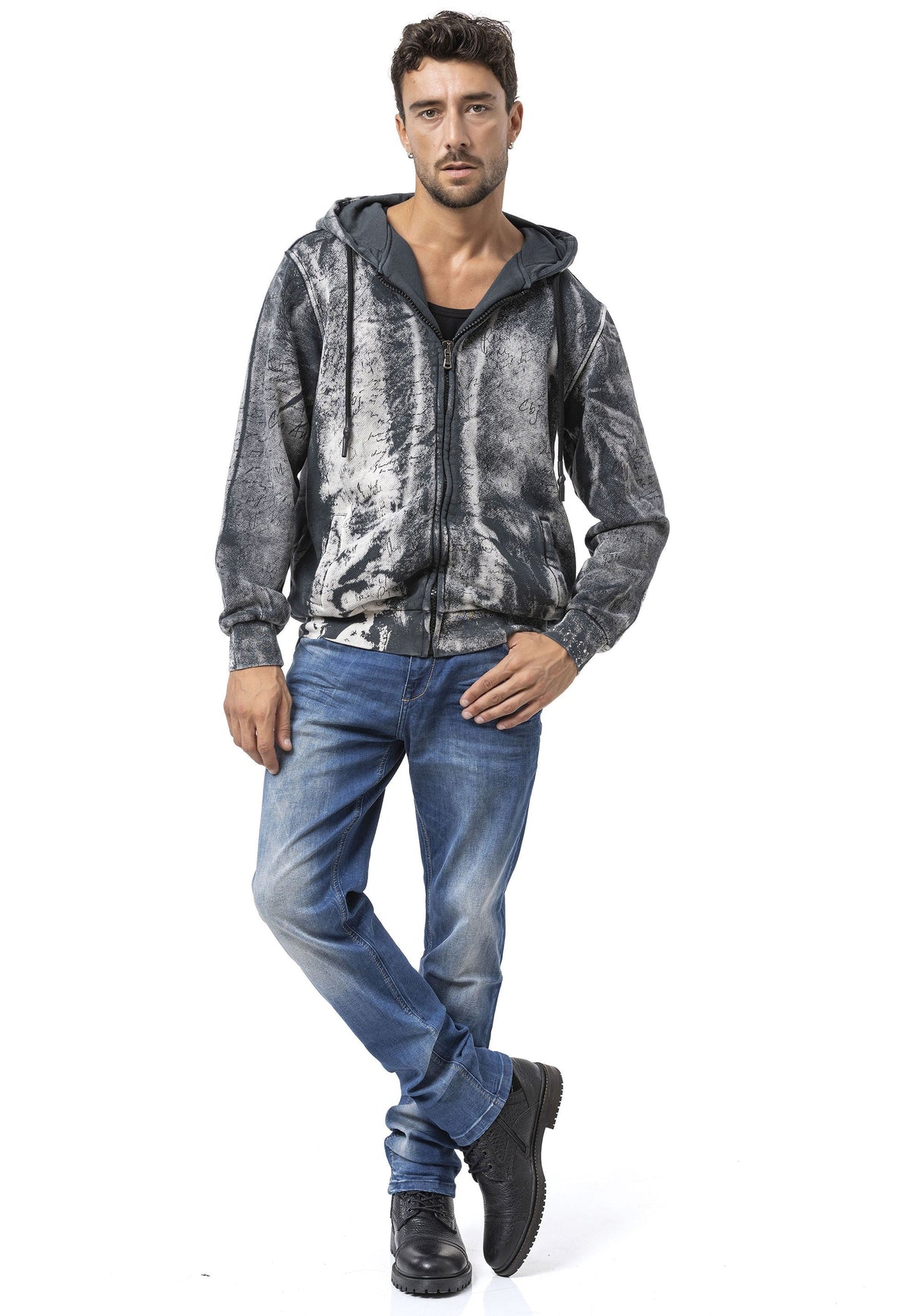 Erkek Fermuarlı Kapüşonlu Yıkamalı Desenli Sweatshirt Ceket CL594