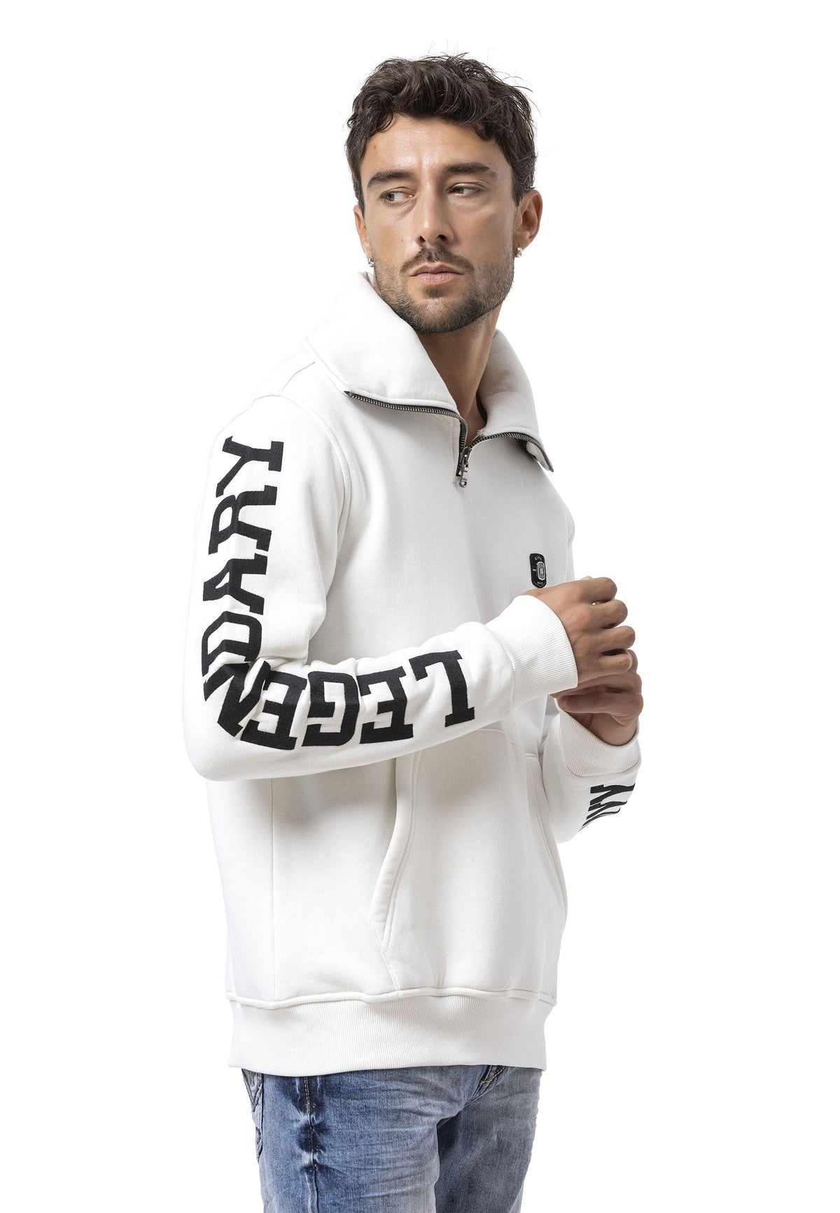 Erkek Yarım Fermuarlı Sweatshirt "LEGENDARY" Kol Baskılı ve Göğüs Logolu Kazak CL605