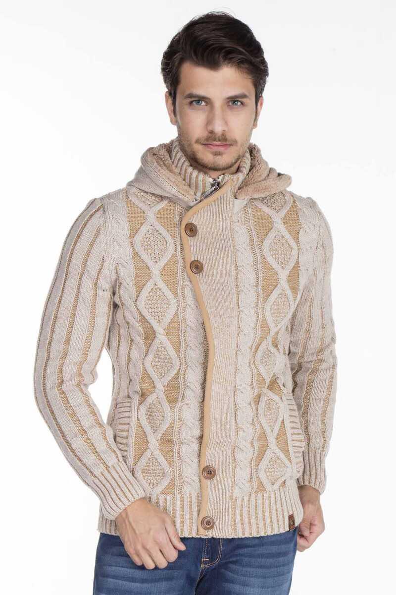 CP161 Dik Yaka Düğmeli Kapşonlu Desenli Erkek Hırka