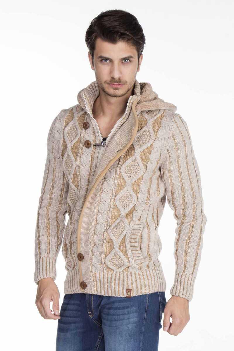 CP161 Dik Yaka Düğmeli Kapşonlu Desenli Erkek Hırka