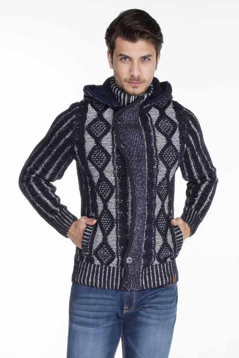 CP161 Dik Yaka Düğmeli Kapşonlu Desenli Erkek Hırka