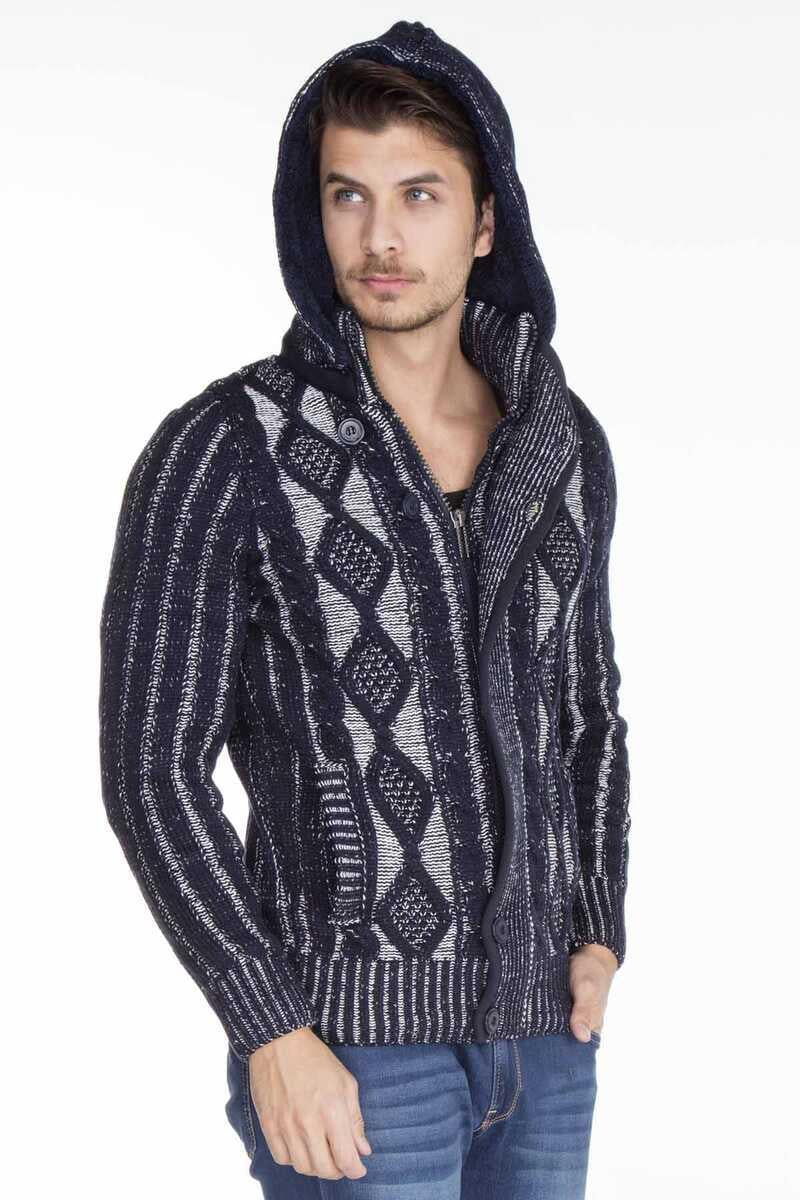 CP161 Dik Yaka Düğmeli Kapşonlu Desenli Erkek Hırka