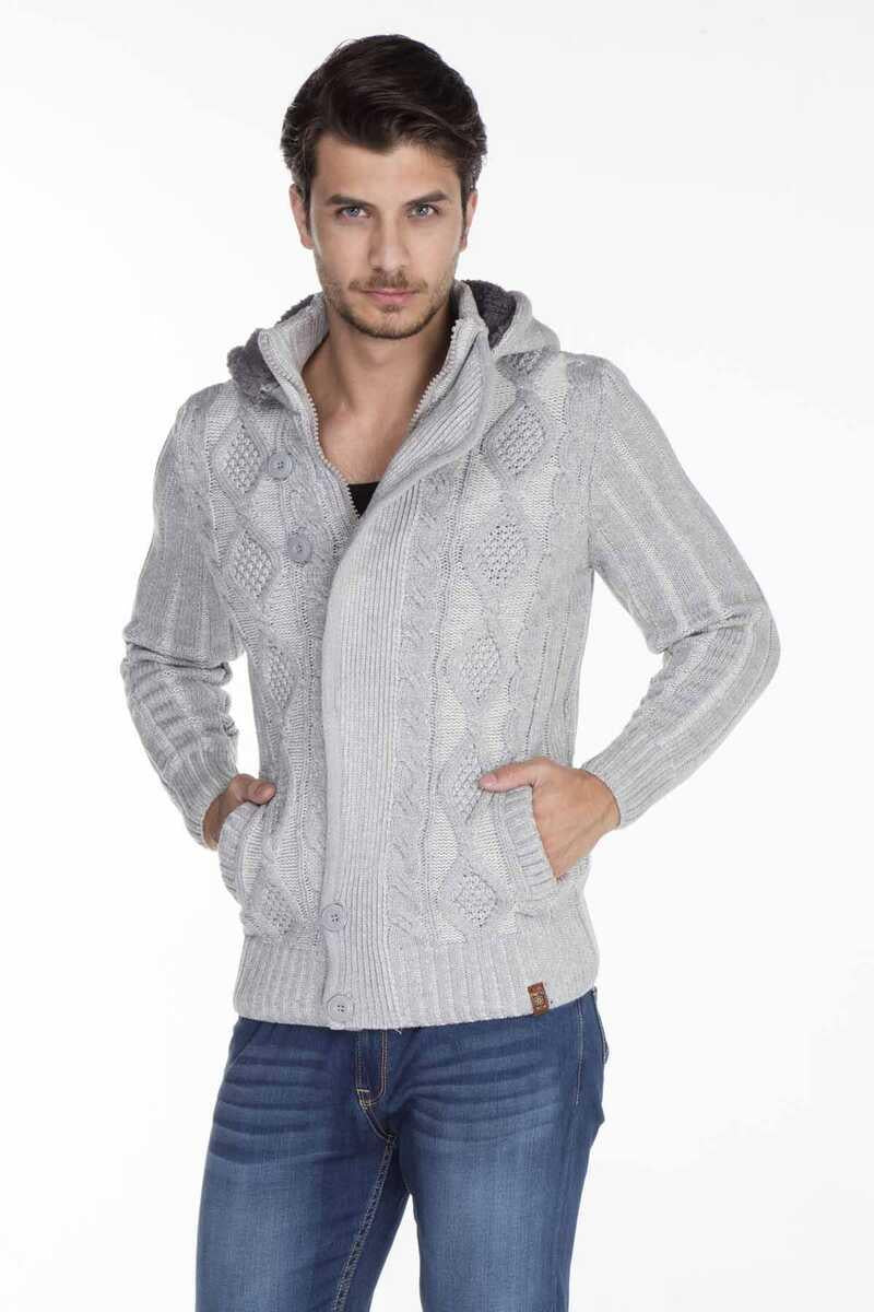 CP161 Dik Yaka Düğmeli Kapşonlu Desenli Erkek Hırka