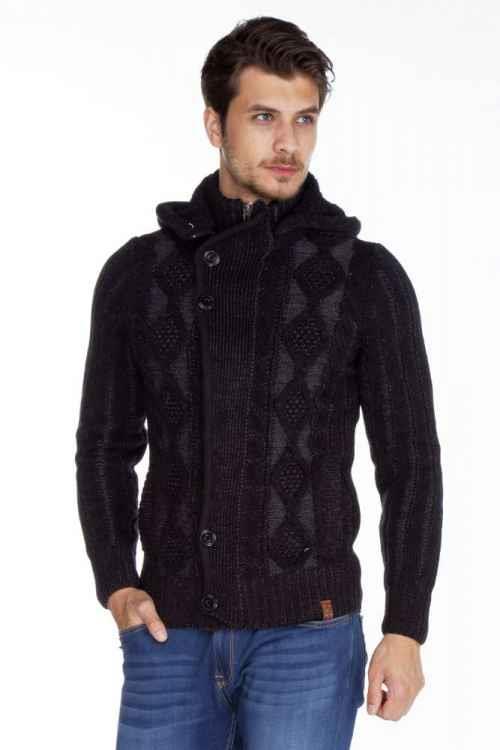 CP161 Dik Yaka Düğmeli Kapşonlu Desenli Erkek Hırka